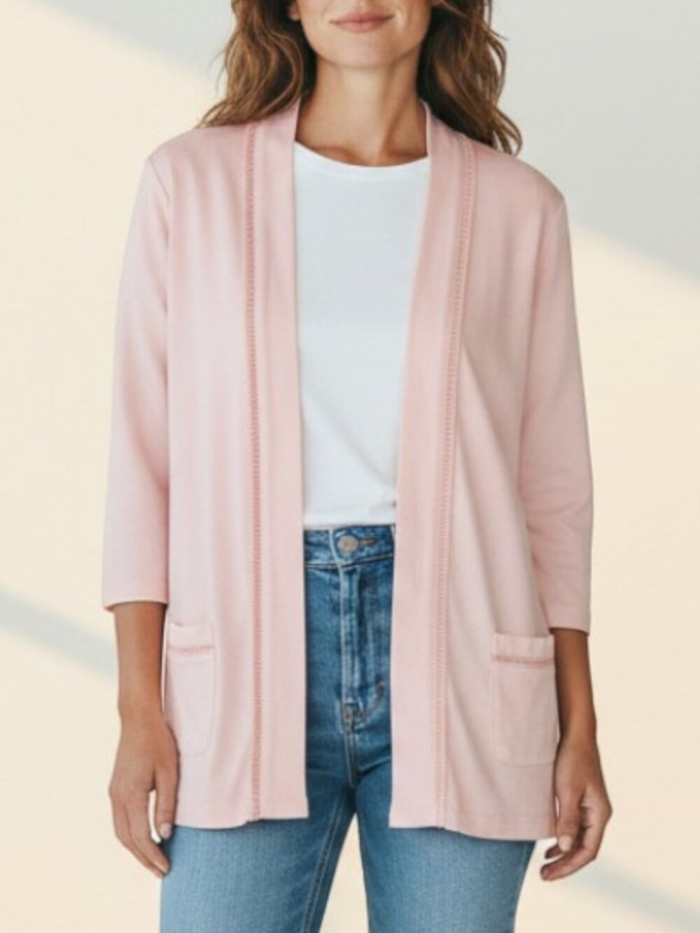 Rafaella Blush Pink Open Front Cardigan Crochet Trim Pockets Size Large L